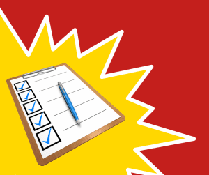 Red background with a yellow starburst in the bottom left hand corner. The star burst has a clipboard with a tick list. This image is for our Digial Marketing Plan Event