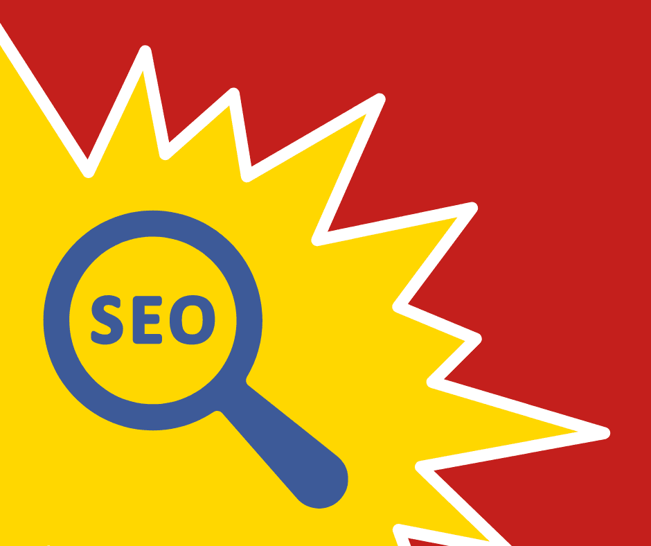 Red background with a yellow starburst in the bottom left hand corner. The star burst has a clipboard with a tick list. This image is for our SEO & Keywords Event